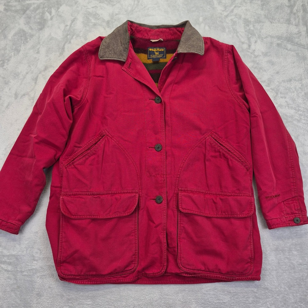 Vintage Woolrich Red Canvas Barn Jacket Fleece Lined Chore Coat Women XL Leather